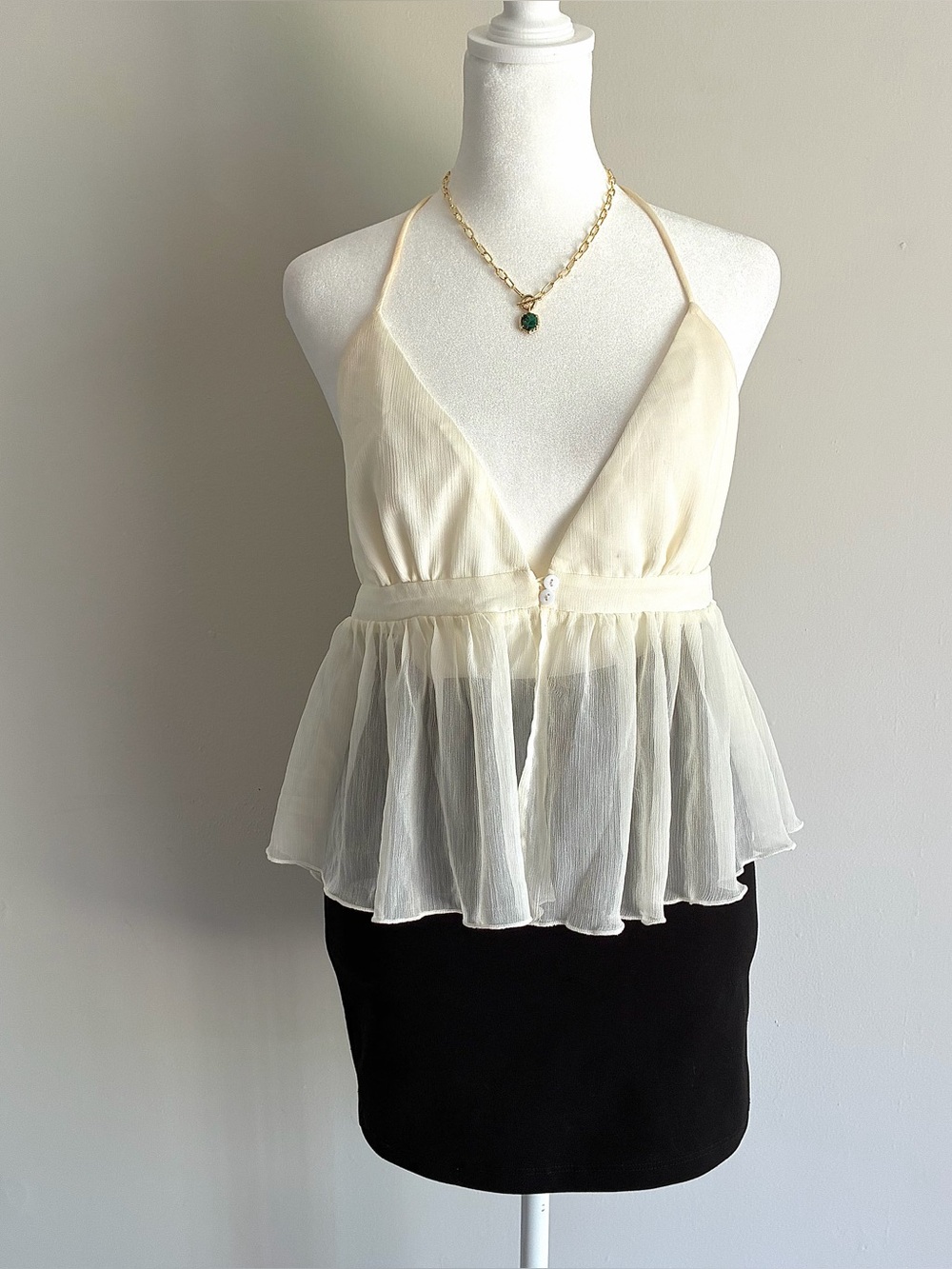 Cider cream white halter cami top with a sheer ruffled hem and string tie back